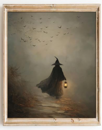 Kizbok Moody Halloween Witch Wall Art Prints, Spooky Witchty Holding a Glowing Lantern Canvas Painting, Gothic Halloween Pictures Wall Decor, Vintage Dark Academia Decor for Fall Bedroom Gallery Bathroom - UNFRAMED - color: Witchty, size: 10"L x 8"W