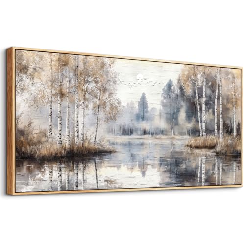 Wall Art for Living Room Large Wall Decor Art for Office Abstract Misty Birch Forest Landscape Painting Restaurant Wall Painting Canvas Printing Bedroom Home Decoration Wood Framed 20"X40" - color: White Birch Mist Forest, size: 40"L x 20"W