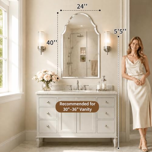 24x40 Inch Scalloped Arch Frameless Beveled Wall Mirror for Vanity - size: 40"L x 24"W