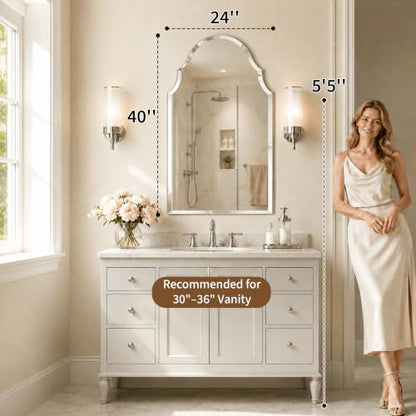 24x40 Inch Scalloped Arch Frameless Beveled Wall Mirror for Vanity - size: 40"L x 24"W