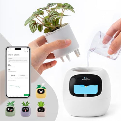 PLANTSIO Smart Plant Pot with Screen, 80ml Self-Watering Planter White - color: White