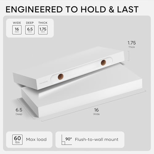 Homeforia 16 Inch Floating Shelves, High-End Solid Pine Wood, Set of 2 - color: Classic White - Soft Neutral Satin, size: 16 inch