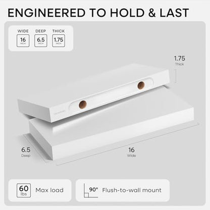 Homeforia 16 Inch Floating Shelves, High-End Solid Pine Wood, Set of 2 - color: Classic White - Soft Neutral Satin, size: 16 inch