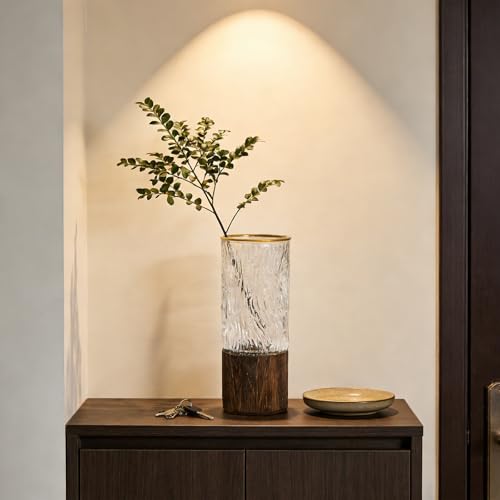 Artistic Wood Glass Vase,Wooden Base,Tall Vases Bottles for Flowers, Cylinder Vases for Wedding Centerpieces Table Shelf Decor(Asian) - style: Asian