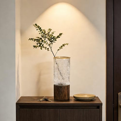 Artistic Wood Glass Vase,Wooden Base,Tall Vases Bottles for Flowers, Cylinder Vases for Wedding Centerpieces Table Shelf Decor(Asian) - style: Asian
