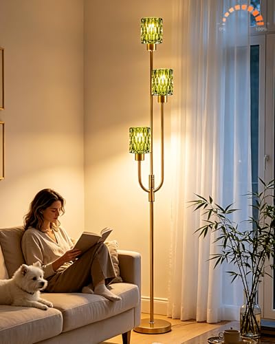 66IN Glass Floor Lamp 3-Light Modern Green Glass Gold Dimmable Floor Lamps - color: Green Cylinder-Gold