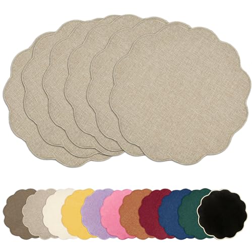 AHHFSMEI Round Scalloped Placemats Set of 6 15 Inch Faux Linen - color: Linen Beige