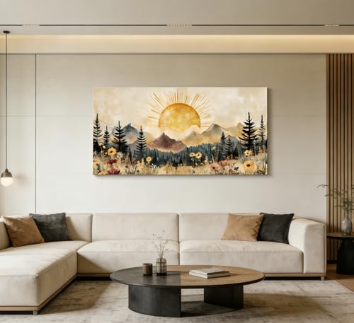ZAWUDVC Large Boho Mountain Sun Wall Art, Vintage Nature Landscape Canvas Print Poster, Wildflower Forest Sunrise and Sunset Wall Decor for Living Room Bedroom, Rustic Home Decoration, - color: sun, size: 40"L x 20"W