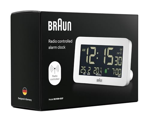 Braun Digital Alarm Clock with Date, Month and Temperature Displayed, Negative LCD Display, Quick Set, Crescendo Beep Alarm in White, Model BC10W. - color: White