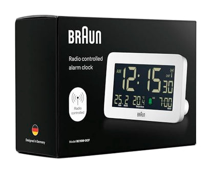 Braun Digital Alarm Clock with Date, Month and Temperature Displayed, Negative LCD Display, Quick Set, Crescendo Beep Alarm in White, Model BC10W. - color: White