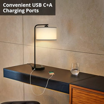 Seaside village Table Lamp for Bedroom with USB C+A Ports, Fully Stepless Dimmable Farmhouse Bedside Lamp Nightstand Light, Tall Reading Desk Lamp for Living Room, Office, 9W LED Bulb Included - color: Black Base with White Shade