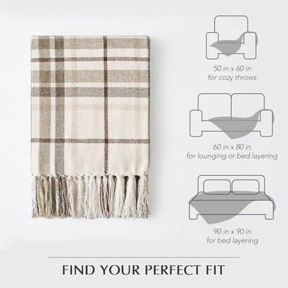 EverGrace Plaid Chenille Queen Blanket for Bed, 90"x90", Beige - color: Plaid Beige & White, size: 90"x90"