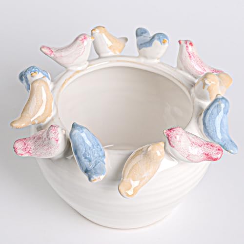 Stoneware Planter with Colorful Birds on Rim, Reactive Glaze Decorative