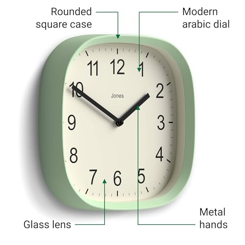 JONES CLOCKS® Sprite wall Clock | Modern Square Clock | 10" | Mint Green - color: Neo Mint