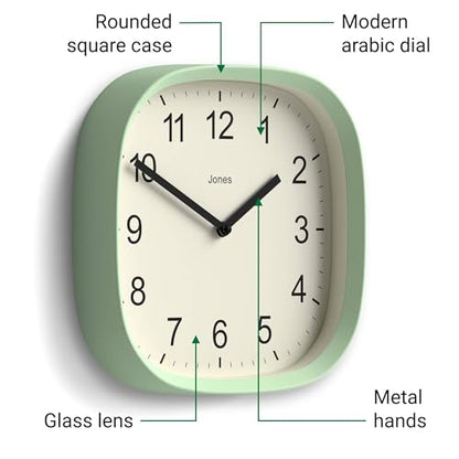 JONES CLOCKS® Sprite wall Clock | Modern Square Clock | 10" | Mint Green - color: Neo Mint