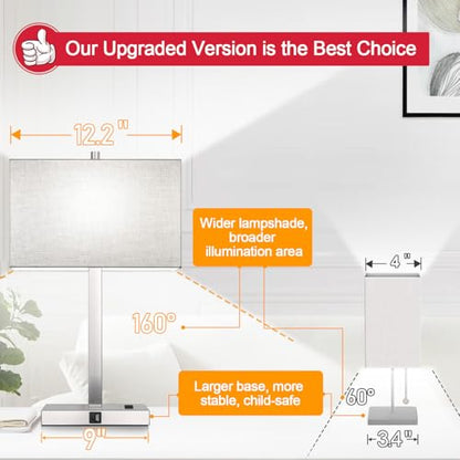 Lynnoland 21" Set of 2 Table lamp with USB A+C & AC Outlets, Touch Control 3-Way Dimmable Nightstand Lamps for Bedroom Living Room Office Reading, Gray Shade Touch Lamps, 5000K LED Bulbs Included - color: Gray Linen & Brushed Nickel