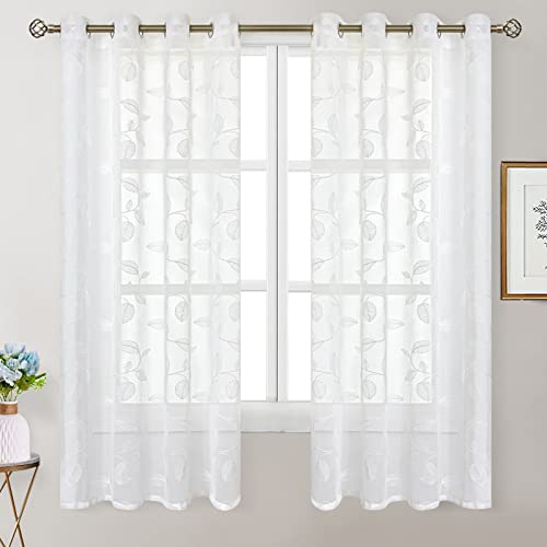 BGment White Sheer Curtains 63 Inches Long Living Room 2 Panels - color: White-leaf, size: 52"W x 63"L (Pack of 2)