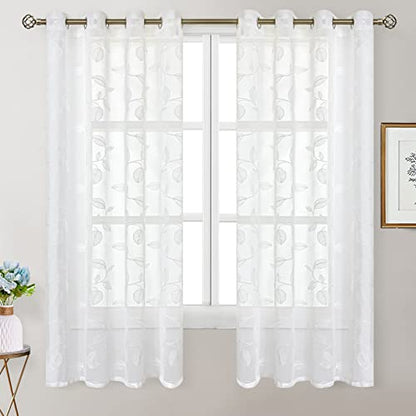 BGment White Sheer Curtains 63 Inches Long Living Room 2 Panels - color: White-leaf, size: 52"W x 63"L (Pack of 2)