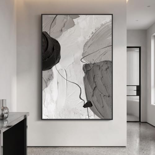 Extra Large Framed Black and White Neutral Abstract Wall Art Vertical 40x60 - color: Black Gray Forms, size: 60"L x 40"W