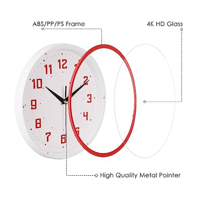 Topkey Silent Round Wall Clock Kitchen 9 Inch Modern Style Non-Ticking Decorative Bedroom Office Study Room Kitchen Wall Clock-Red - color: Red