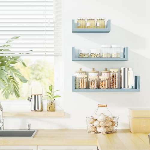 SRIWATANA Blue Floating Shelves, Set of 3 Wood Wall Mounted Display Shelf - color: Blue