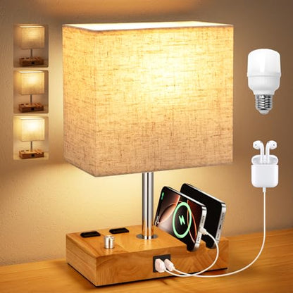 Wood Grain Table Lamp for Bedroom, Stepless Dimmable, USB C+A, 2 AC Outlets - color: Wood Grain with Knob Switch, size: 1 Pack