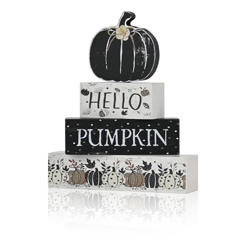 Smile Fall Wooden Decor Signs Black Pumpkin Plaque HELLO PUMPKIN Tiered Tray Tabletop for Autumn Harvest Thanksgiving Home Decorations - style: Black Pumpkin