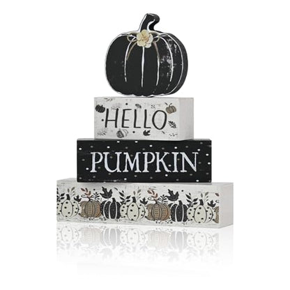 Smile Fall Wooden Decor Signs Black Pumpkin Plaque HELLO PUMPKIN Tiered Tray Tabletop for Autumn Harvest Thanksgiving Home Decorations - style: Black Pumpkin