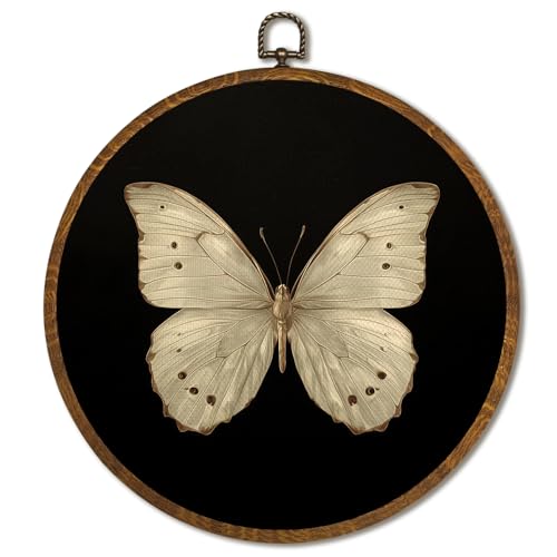 Vintage Wall Art 10x10 Inch, Round Framed Canvas Print of Vintage Butterfly & Moths, Dark Moody Circular Wall Art Decor for Living Room, Bedroom, Neutral Retro Artwork (Black) - color: Black