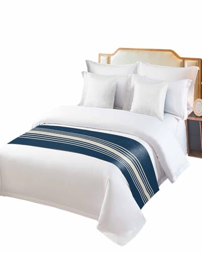 Navy Blue Beige Striped Bed Runner for Twin Size, Farmhouse Hotel Bed Scarf, Modern Farmhouse Retro Lines Decorative Beds Throws of Foot Bedding Runners & Scarves for Bedroom, 71 x 20 Inch - color: Midnightblue Beige, size: 71 x 20 Inch