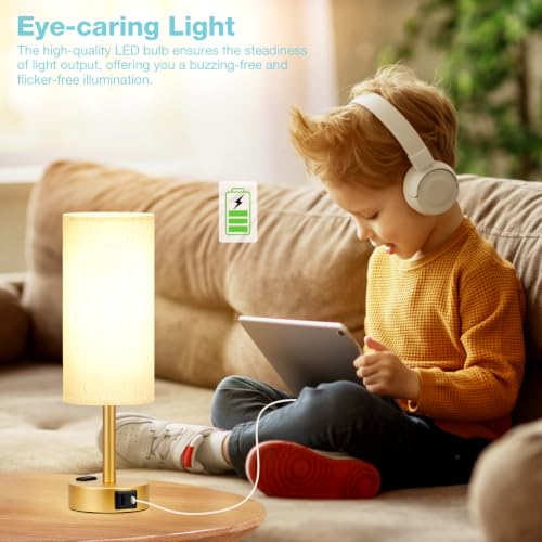 Fenmzee Gold Bedside Lamp for Bedroom, Dimmable Touch, USB A+C, AC Outlet - color: Cream - Gold, size: 14"