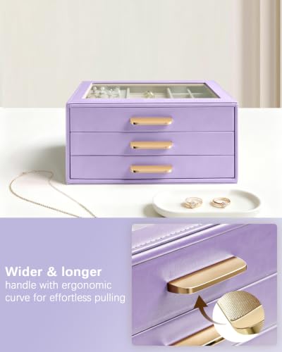 Homeanda Jewelry Boxes Organizer with Glass Lid, 3-Layer PU Leather, Purple - color: Lavender Purple, size: 3 Layer