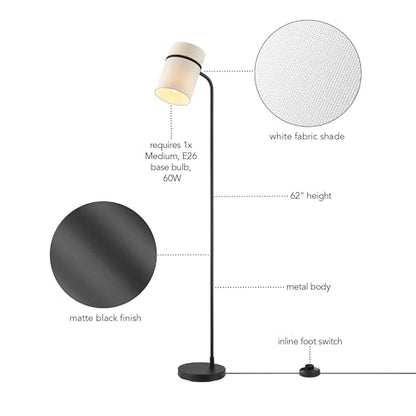 Globe Electric 62" Matte Black Floor Lamp with White Fabric Shade - color: Matte Black, White Fabric Shade