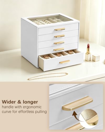 Homeanda Jewelry Boxes Organizer with Glass Lid, 5-Layer PU Leather, White - color: White, size: 5 Layer