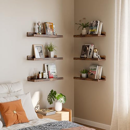 YUFLINX 16’’Rustic Brown Floating Shelves for Wall Set of 6,Rustic Wood Shelf for Room Decor/Storage/Display,Small Bookshelf,Wall Mounted Hanging Shelves for Bedroom, Bathroom, Living Room, Kitchen