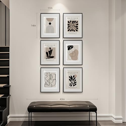 Framed Neutral Abstract Wall Art for Living Room, Set of 6 Canvas Prints - color: Matisse and Geometry