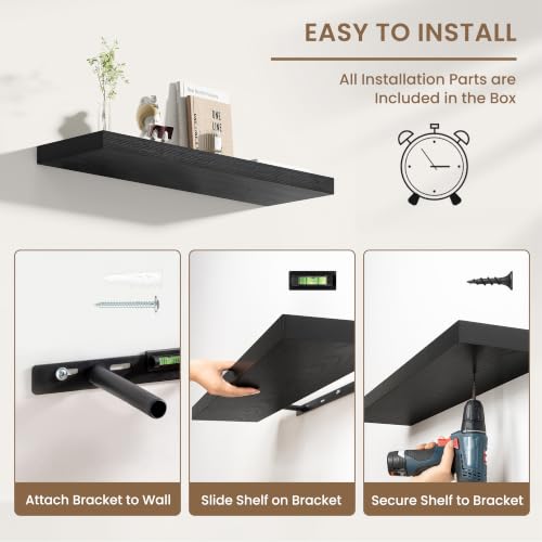 Dreamland 24 Inches Wall Mounted Wood Floating Shelves, Black, 2 Pack - color: Black, size: 24in
