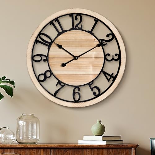 Maxstar 24'' Wall Clock for Living Room Decor, Ultra-Silent Rustic Wooden Farmhouse Wall Clock with Metal & Real Wood Frame, Battery Operated, for Kitchen Bedroom Office, Arabic Numerals