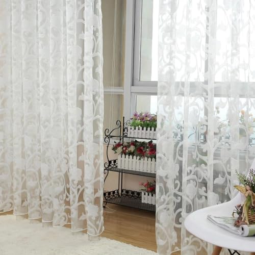 NAPEARL Sheer White Curtains 84 Inches Long 2 Panels, Jacquard Sheer Curtains for Living Room, Organza Transparent Rod Pocket Window Drapes(White,52W x 96L) - color: White, size: 52"W x 96"L (Pack of 2)