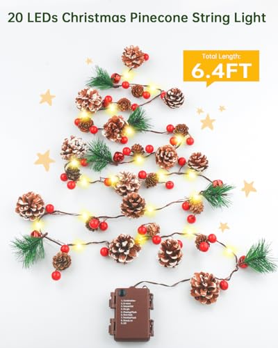 Luditek Christmas Garland with Lights, 6.4FT Battery Operated Prelit Garland Decorated with 20 LED Red Berries Pine Cones, Christmas Decorations Indoor for Mantel, Home, Fireplace, Stairs, Xmas Decor