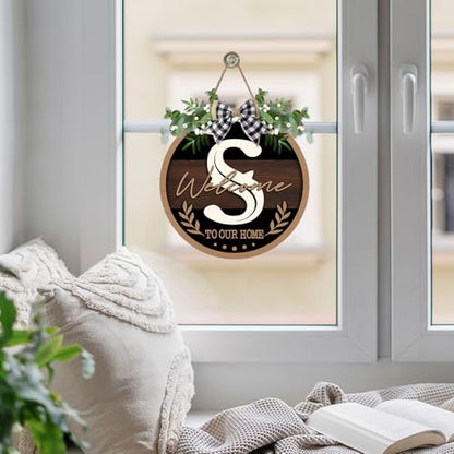 Monogram Letter S Front Door Sign, Welcome to Our Home Family Last - color: S