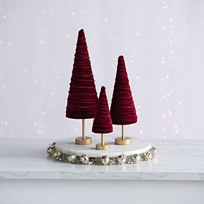 Set of 3 Burgundy Pedestal Velvet Trees, Holiday Mantel Accents, Rich Elegant Charm, Cozy Handcrafted, Valentine Winter Tabletop, Entryway (Burgundy) - color: Burgundy