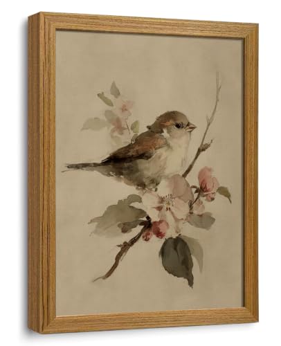 Framed Bird Wall Art Vintage Watercolor Botanical Wall Decor Sparrow On Floral Branch Canvas Print for Living Room Bedroom 12x16 inch - color: Bird, size: 16"L x 12"W