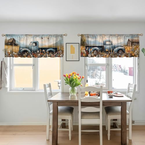 Farmhouse Truck Valance Curtain for Windows 2 Pack Rustic Country Flower Butterfly Rod Pocket Printed Curtain Valances Short Tier Curtains for Living Room Bathroom Bedroom 54x18 Inch - color: Farmhouse Truck