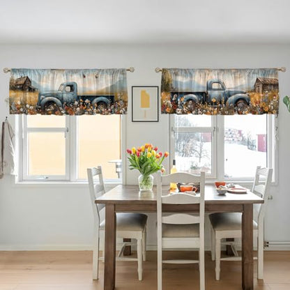 Farmhouse Truck Valance Curtain for Windows 2 Pack Rustic Country Flower Butterfly Rod Pocket Printed Curtain Valances Short Tier Curtains for Living Room Bathroom Bedroom 54x18 Inch - color: Farmhouse Truck