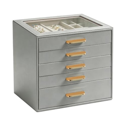 Homeanda Jewelry Boxes Organizer with Glass Lid, 5-Layer PU Leather, Grey - color: Grey, size: 5 Layer