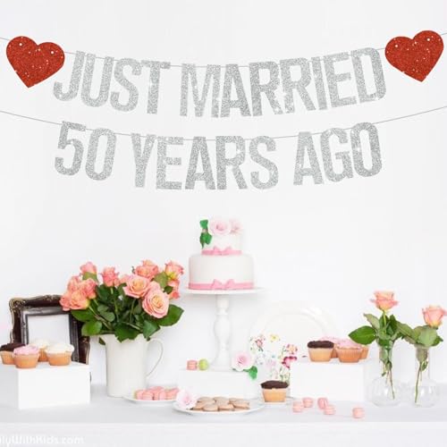 Silver Glitter Just Married 50 Years Ago Banner,NO DIY,Pre-Strung 50th Wedding Anniversary Party Decorations 50 Years Blessed & Loved Garland Sign We Still Do 50th Party Supplies - color: 50silver