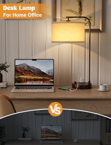 20.7" Tall Table Lamp with USB & Outlet, Fully Dimmable Nightstand Lamp - color: E-Beige Shade & Brown Base