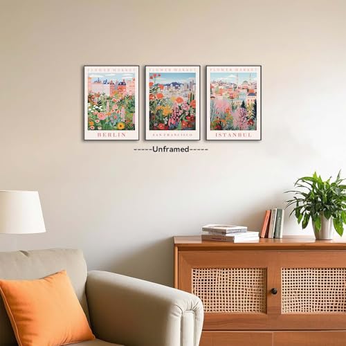 XLARTMY Flower Market Wall Art Prints Canvas Orange and Pink Floral Paintings Colorful Botanical Travel Flower Posters for Home Decor Pictures Set of 3 for Living Room Bedroom 12x16in Unframed - color: Flower Market ORange-2, size: 12x16in Poster