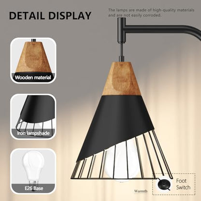 67" Industrial Floor Lamp with Wood & Black Metal Shade, Modern Standing Lamp, Rustic Farmhouse Tall Lamp for Living Room Bedroom Office, 2700K Bulb & Foot Switch Included (Black + Remote Control) - color: Black + Remote Control